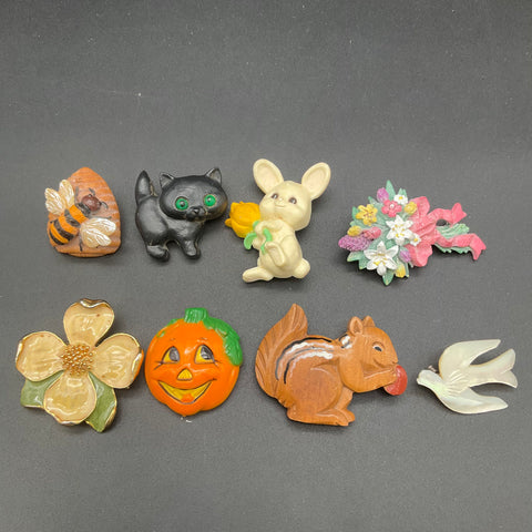 Vintage Hallmark Animal Floral Holiday Resin Plastic Brooch Pin Lot of 8
