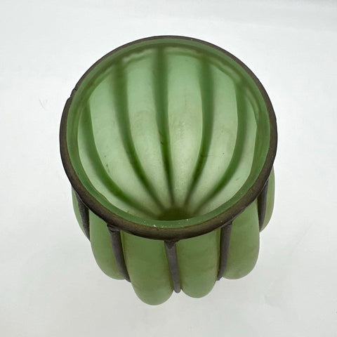 Vintage Green Satin Glass Caged Metal Frame Pedestal Vase 18 Inch Large