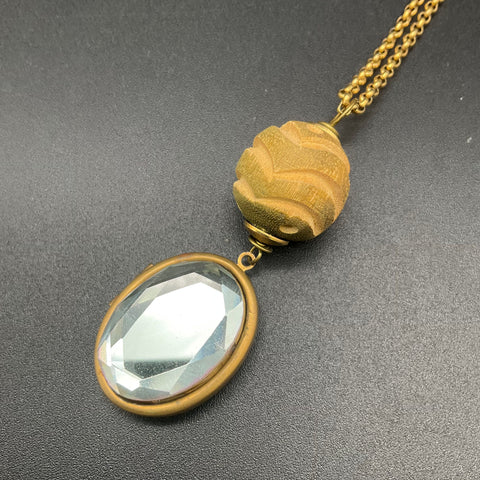Lenora Dame Gold Tone Locket Necklace Clear Faceted Stone Carved Bead 30"