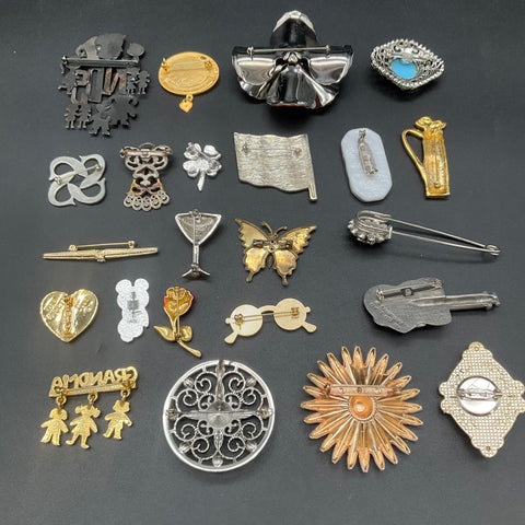 Vintage & Modern Costume Brooch Lot of 25 Rhinestone Enamel Pewter Pins