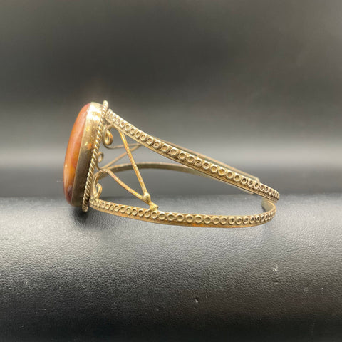 Vintage Gold Tone Red Jasper Stone Cabochon Cuff Bracelet Boho Artisan 7.5"