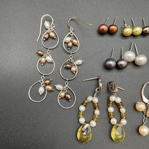 Sterling Silver 925 Pearl Gemstone Earring Lot of 10 Pairs Studs Dangles