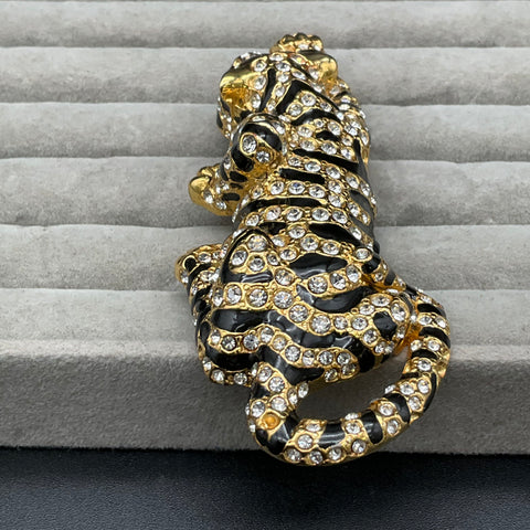 Vintage Retro Large Crawling Tiger Brooch Gold Tone Black Enamel Marked B
