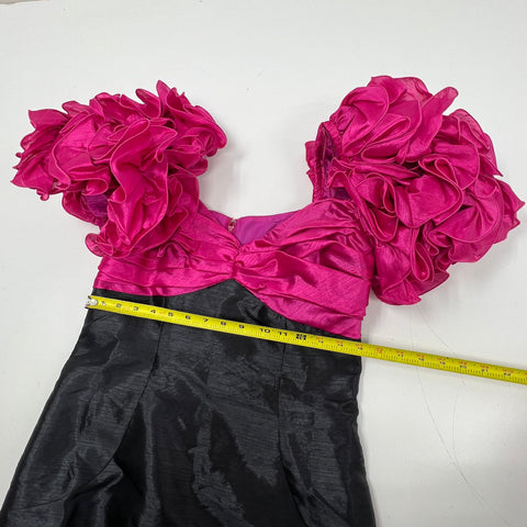 Vintage 80s Cattiva Ruffle Poof Sleeve Prom Party Dress Taffeta Pink Black Sz 10