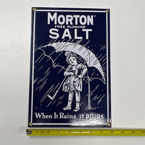 Morton Salt Porcelain Enamel Sign Vintage Advertising When It Rains It Pours