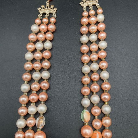 Vintage Japan Triple Strand Pink Faux Pearl Necklace AB Glass Beads 17"