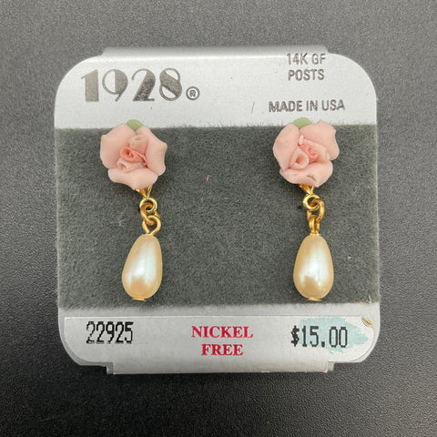 1928 Victorian Revival Pink Rose Porcelain Brooch Earrings Set 14K GF Posts