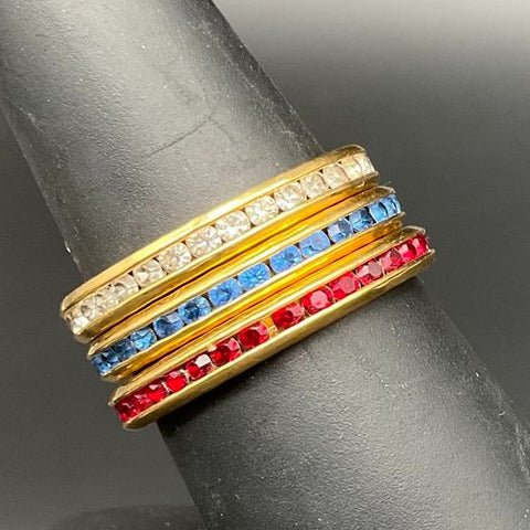 Vintage Avon Signed Gold Tone Rhinestone Stacking Ring Set Red White Blue 9