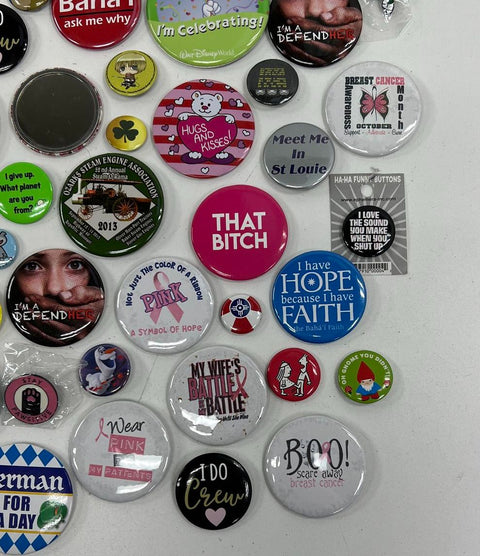 Lot of 85+ Pinback Buttons Enamel Lapel Pins Disney Novelty Humor Awareness