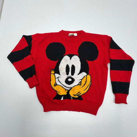 Vintage 90s Mickey & Co. Men's Red Knit Sweater Mickey Mouse Face Striped L
