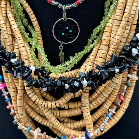 Boho Multi-Strand Beaded Necklace Lot Wood Stone Dreamcatcher Mandala 2 Pieces