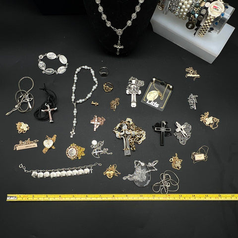 Religious Costume Jewelry Lot 45pc Crosses Rosaries Medals Vintage to Modern