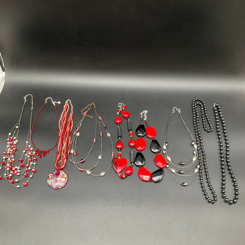 Vintage to Modern Costume Jewelry Necklace Lot of 9 Red Black Beaded Pendants