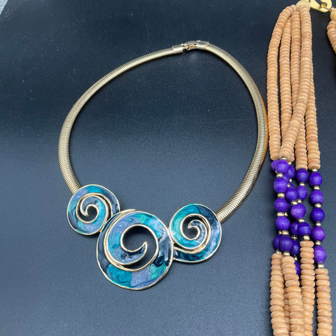 Statement Necklace Jewelry Lot 9pc Beaded Shell Enamel Wood Boho Vintage Style