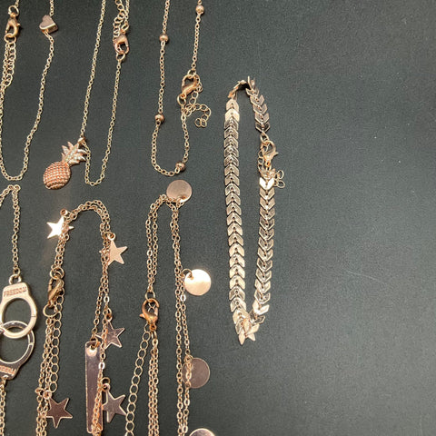 Rose Gold Tone Costume Anklet Jewelry Lot of 11 Pineapple Star Heart Handcuff