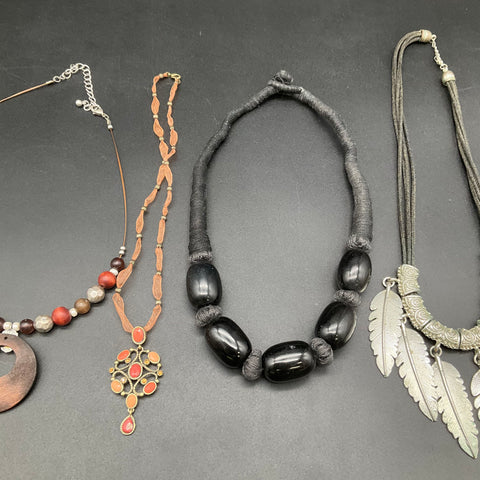 Mixed Costume Jewelry Lot 8 Necklaces Boho Ethnic Tribal Beaded Wood Feather