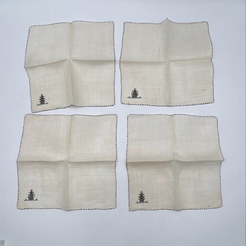 Miller & Rhoads Pagoda Embroidered Linen Tablecloth Napkin Set 5pc Vintage