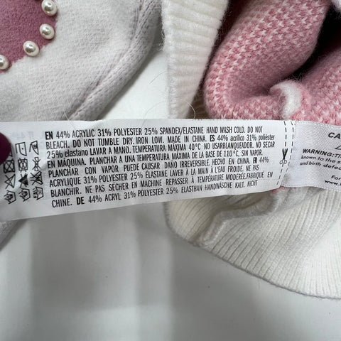 English Factory White Pink Heart Print Faux Pearl Knit Sweater Women's M