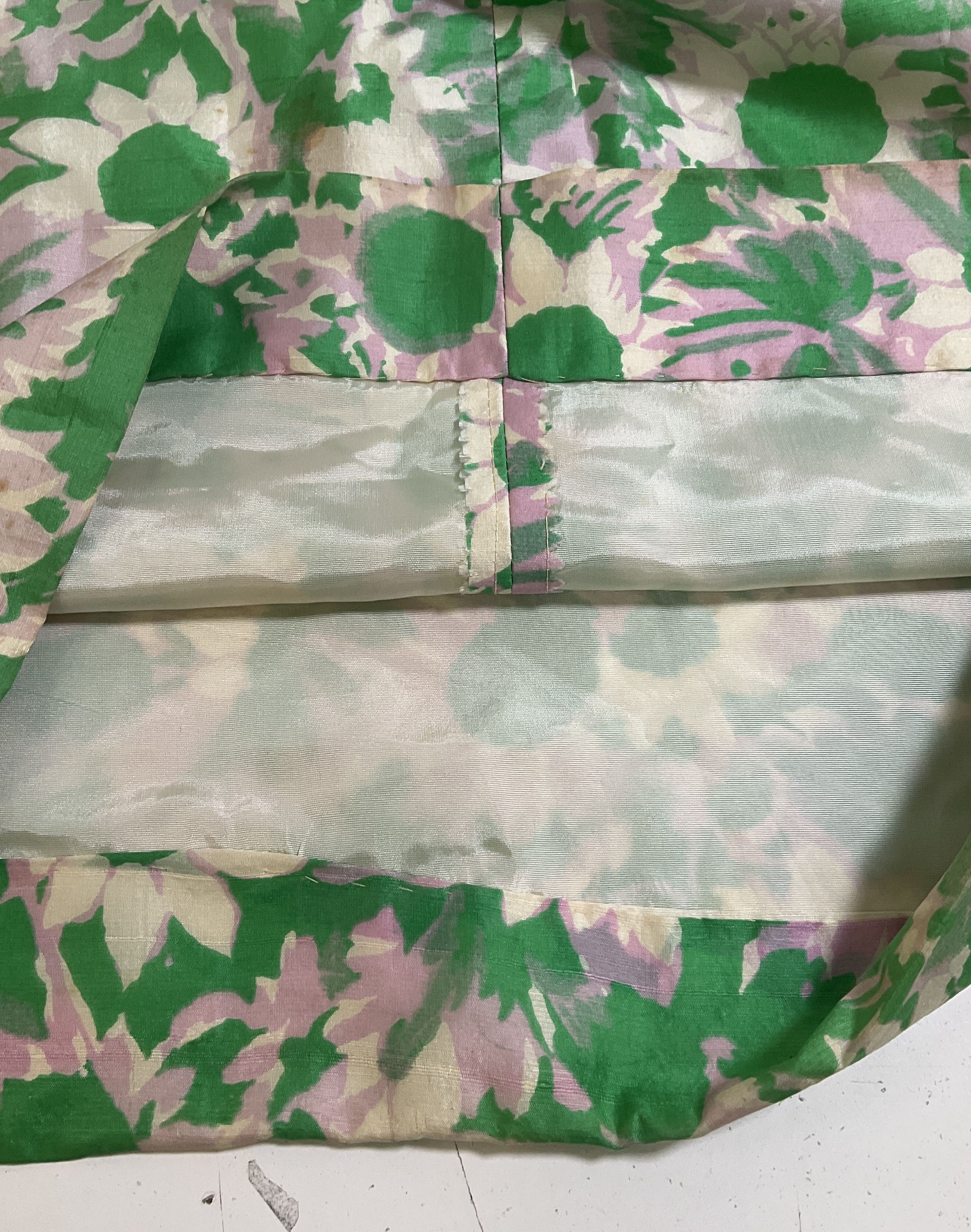 Vintage 1960s Handmade Silk Shantung Floral Two-Piece Dress Skirt Set Green