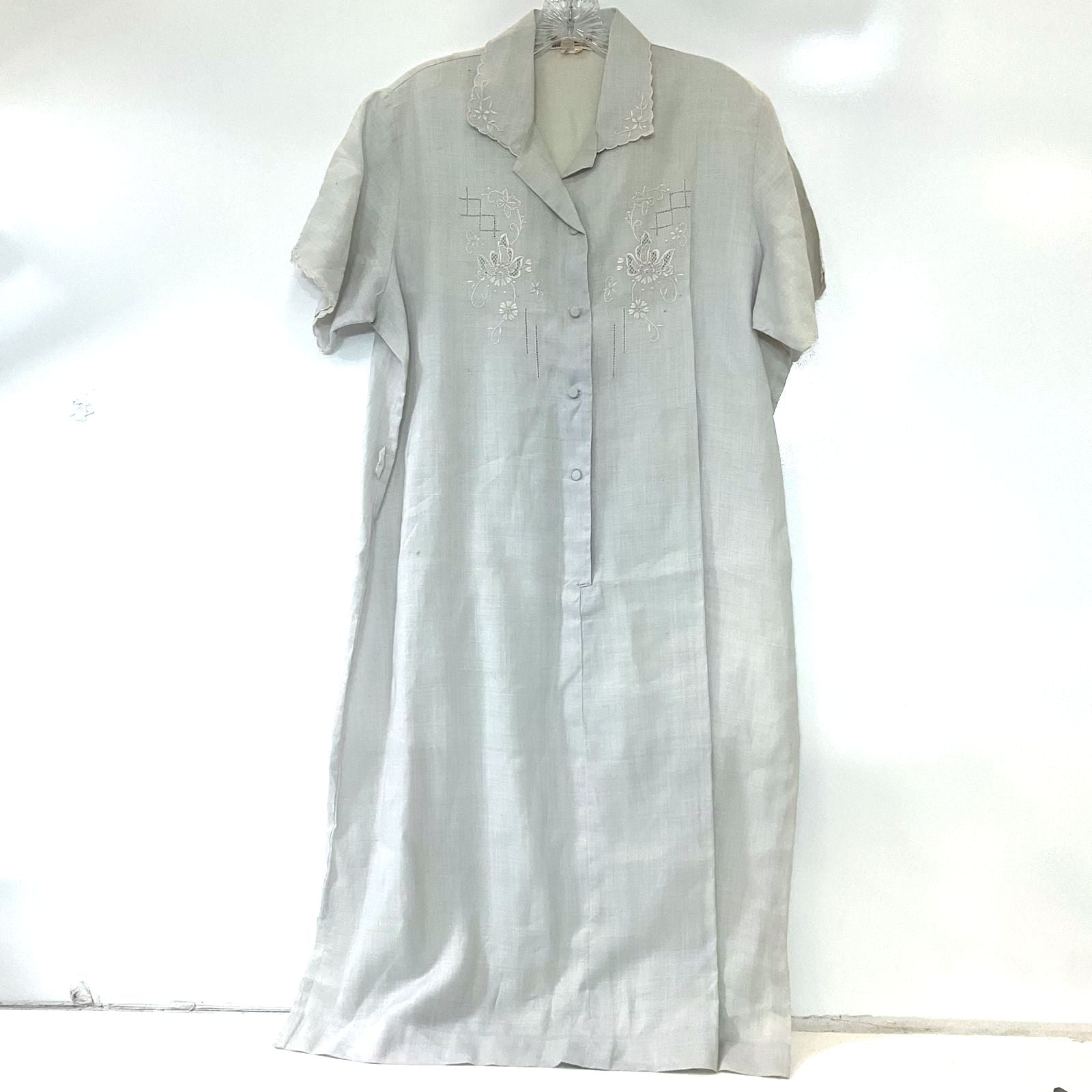 SYS Women's Pale Blue Gray Shirt Dress Hand Embroidered 100% Linen Sz 42 Vintage