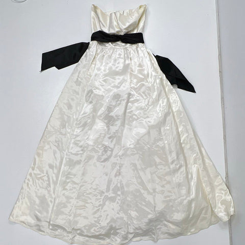 Vintage 80s Gunne Sax Women's Cream Strapless Formal Satin Dress Black Sash
