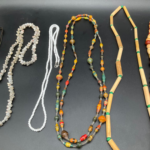 Vintage and Modern Costume Jewelry Lot of 8 Necklaces Wood Shell Beaded Pendants