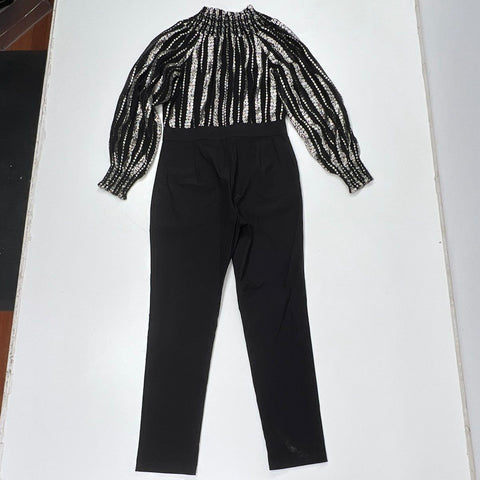 Michael Kors Women's Metallic-Stripe Smocked Jumpsuit Black Silver NWT Sz 10