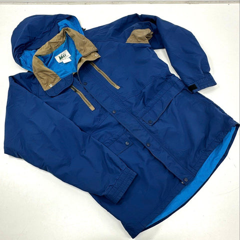 Vintage 90s REI Mountain Parka Hooded Jacket Blue Khaki Trim Sz XL