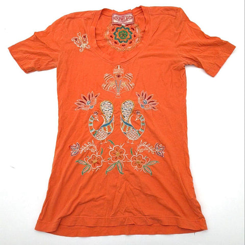 JWLA Women's Orange Embroidered Peacock Floral Scoop Neck T-Shirt Sz S