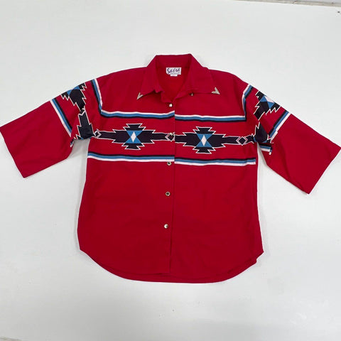 Vintage 80s Saisa Southwestern Aztec Print Western Shirt Made USA Sz L
