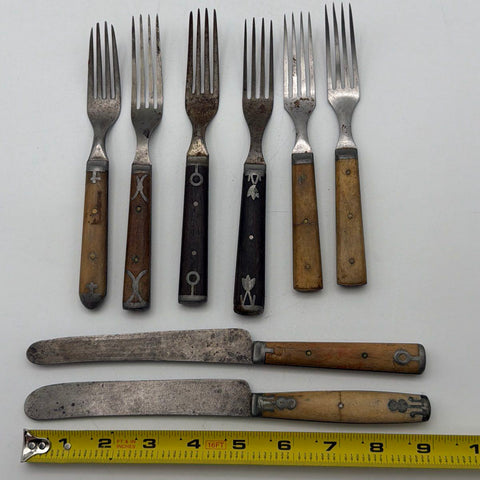 Vintage Folk Art Inlaid Handle Cutlery 8pc Set Wood Bone Steel Forks Knives