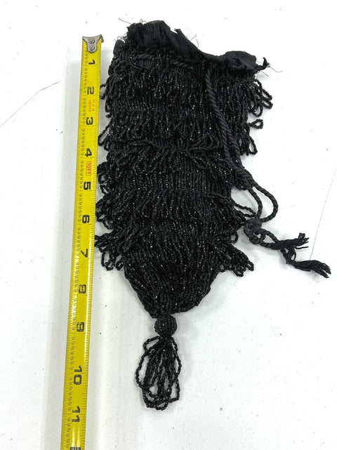 Antique Victorian Black Glass Beaded Fringe Tassel Reticule Pouch Evening Bag
