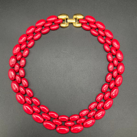 Vintage Signed Napier Red Enamel Gold Tone Necklace and Bracelet Set