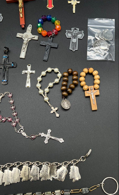 Religious Jewelry Lot Catholic Christian Crosses Rosaries Charm Bracelets Pins