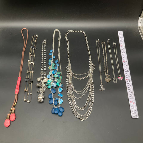Fashion Costume Jewelry Lot of 9 Necklaces Pendants Silver Tone Rhinestone Bead