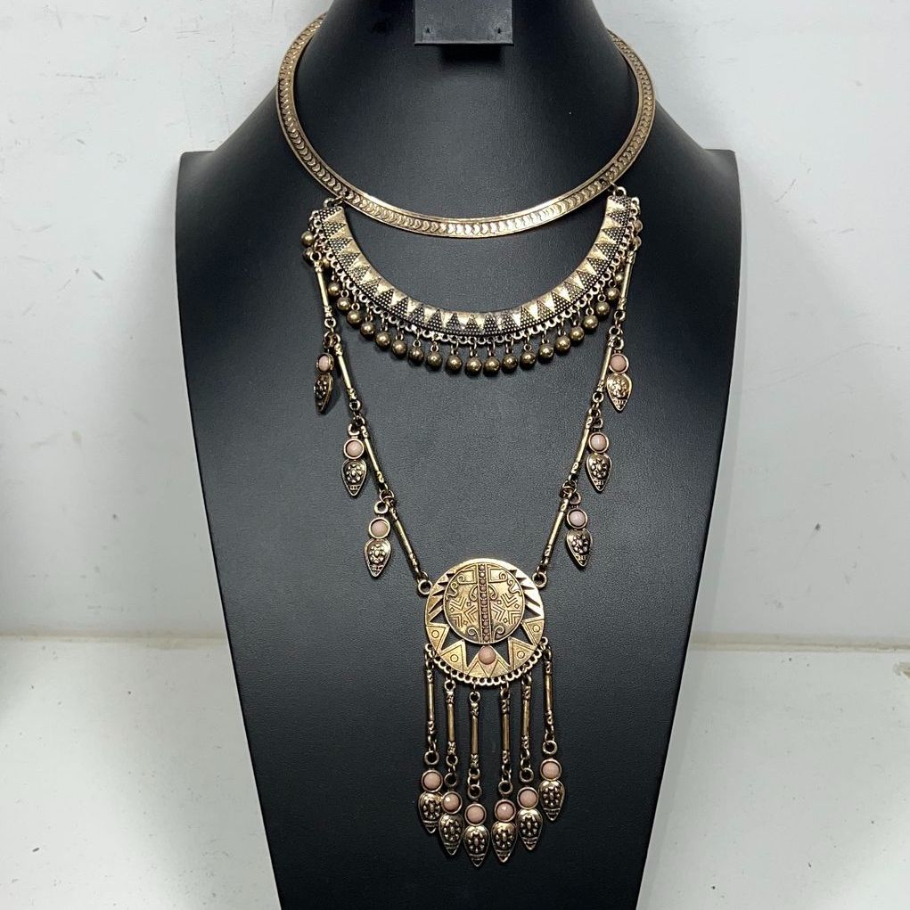 Vintage Style Layered Statement Necklace Brass Tone Boho Tribal Egyptian