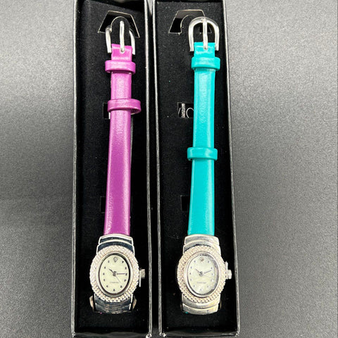 Avon Lot of 2 Womens Watches Teal & Purple Leather Strap Diamond Accent Oval