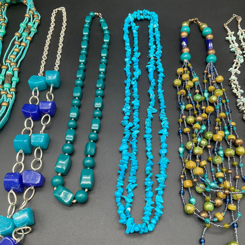Southwestern Boho Beaded Jewelry Lot 6 Necklaces Turquoise Teal Blue Tones