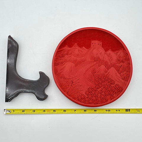 Vintage Chinese Carved Lacquer Cinnabar Plate Great Wall of China Red 9 Inch