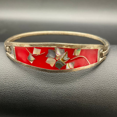 Vintage Mexican Alpaca Inlay Jewelry Set Red Floral Bracelet & Kite Earrings