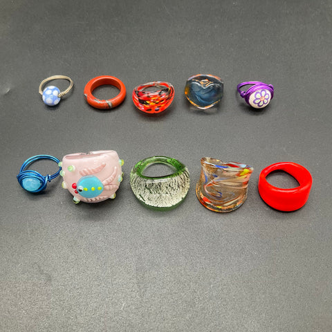 Vintage Boho Art Glass Resin Jewelry Lot of 10 Statement Rings Wire Wrapped