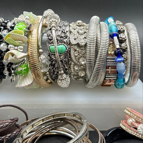 Vintage to Modern Costume Jewelry Bracelet Lot Bangles Cuffs Beaded Boho 40+ Pcs