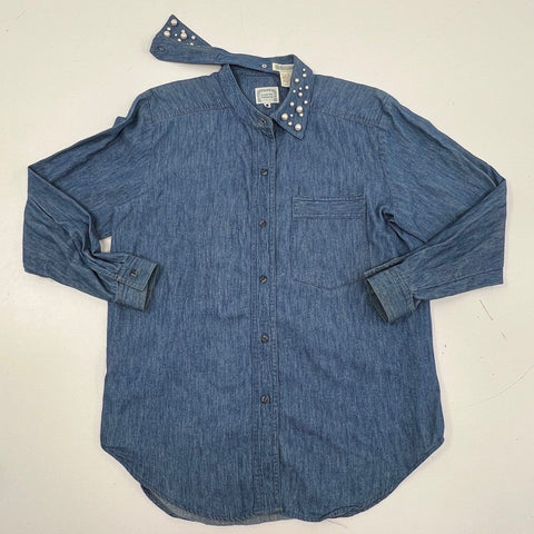 Vintage 90s Hairston Roberson Women's Blue Denim Pearl Collar Shirt Jacket M/L