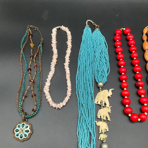 Vintage to Modern Costume Jewelry Lot 7 Necklaces Beaded Statement Shell Chain