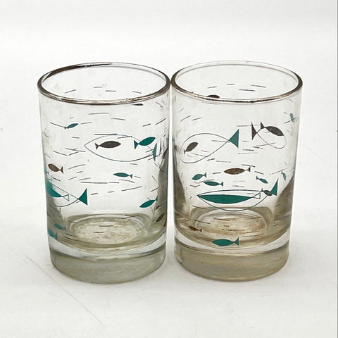 Mediterranean Fish Juice Glasses Set of 2 Teal Brown Silver Rim Vintage