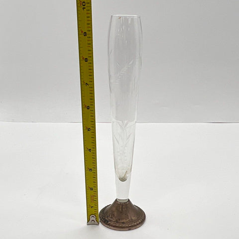 Duchin Creation Sterling Silver Weighted Base Etched Glass Bud Vase 10 Inch