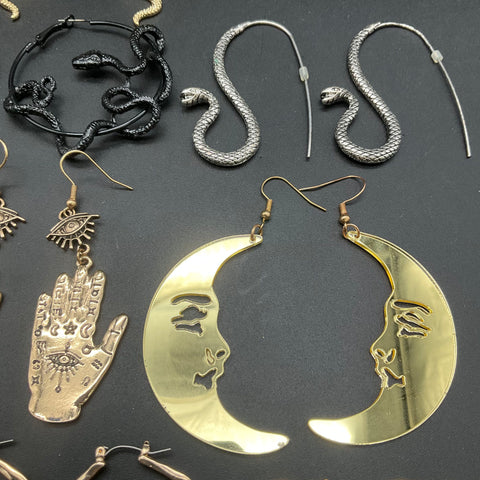 Mystical Celestial Theme Costume Earring Lot 11 Pairs Snake Moon Hamsa Rose