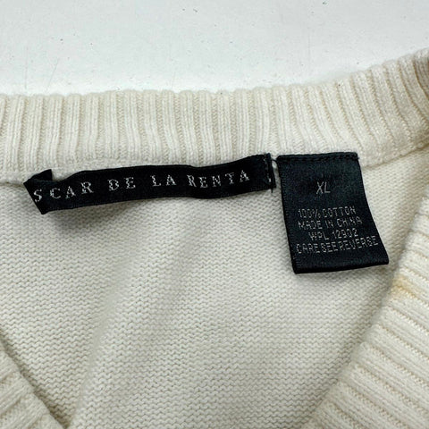 Oscar De La Renta Men's Cream V-Neck Cotton Textured Diamond Knit Sweater Sz XL