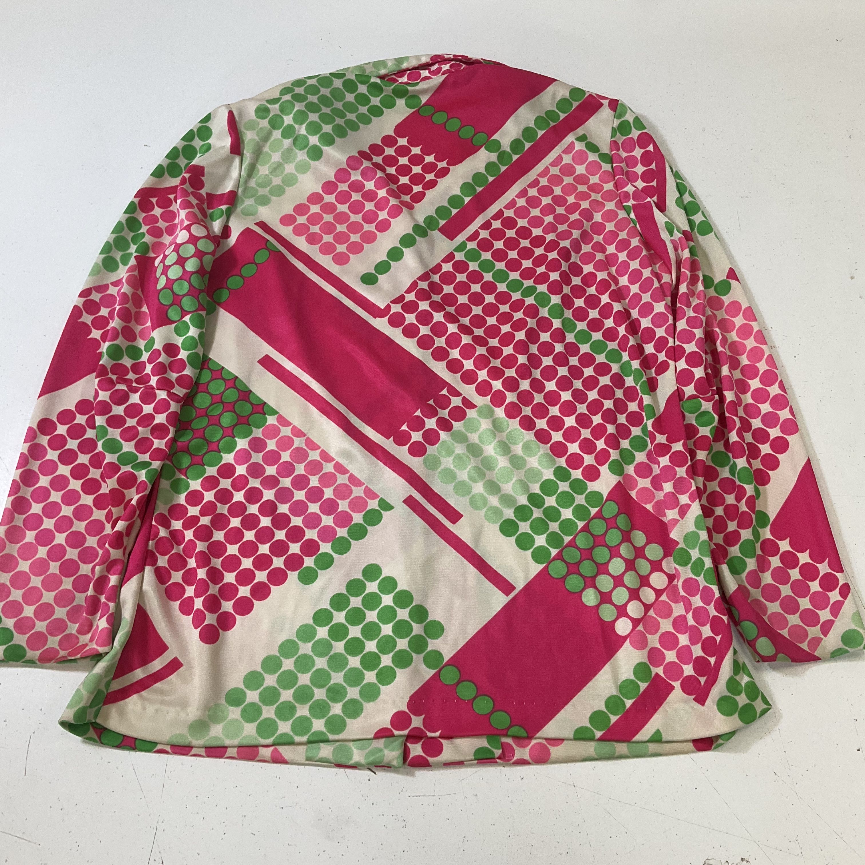 Vintage 1970s Women's Pink Green Polka Dot Dagger Collar Blouse Size Large