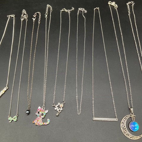Fashion Costume Necklace Lot of 10 Silver Tone Rhinestone Cross Moon Cat Bow
